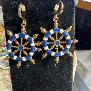 Source Unknown Gold‎ and Blue Ship Wheel Earrings